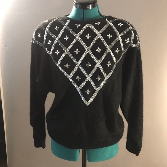Vintage 80s Black Silver Sequin Sweater Medium - Picture 4 of 8